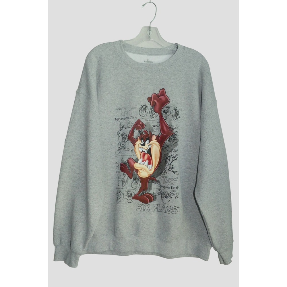 Six Flags Looney Tunes Taz Sweatshirt Mens XL Grey Tasmanian Devil Graphic Crew